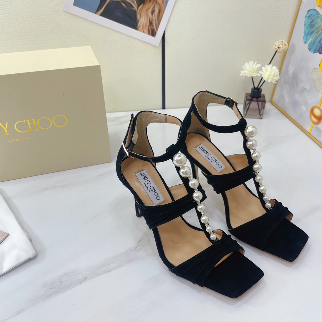 Jimmy Choo Black Suede Sandals With Pearls And Crystals - EUR FASHION