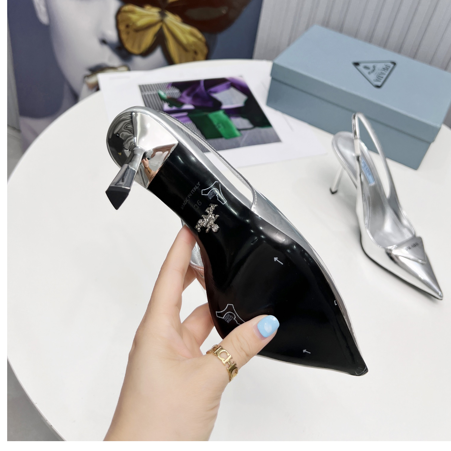 Prada Brushed Leather Slingback Pumps In Sliver - EUR FASHION