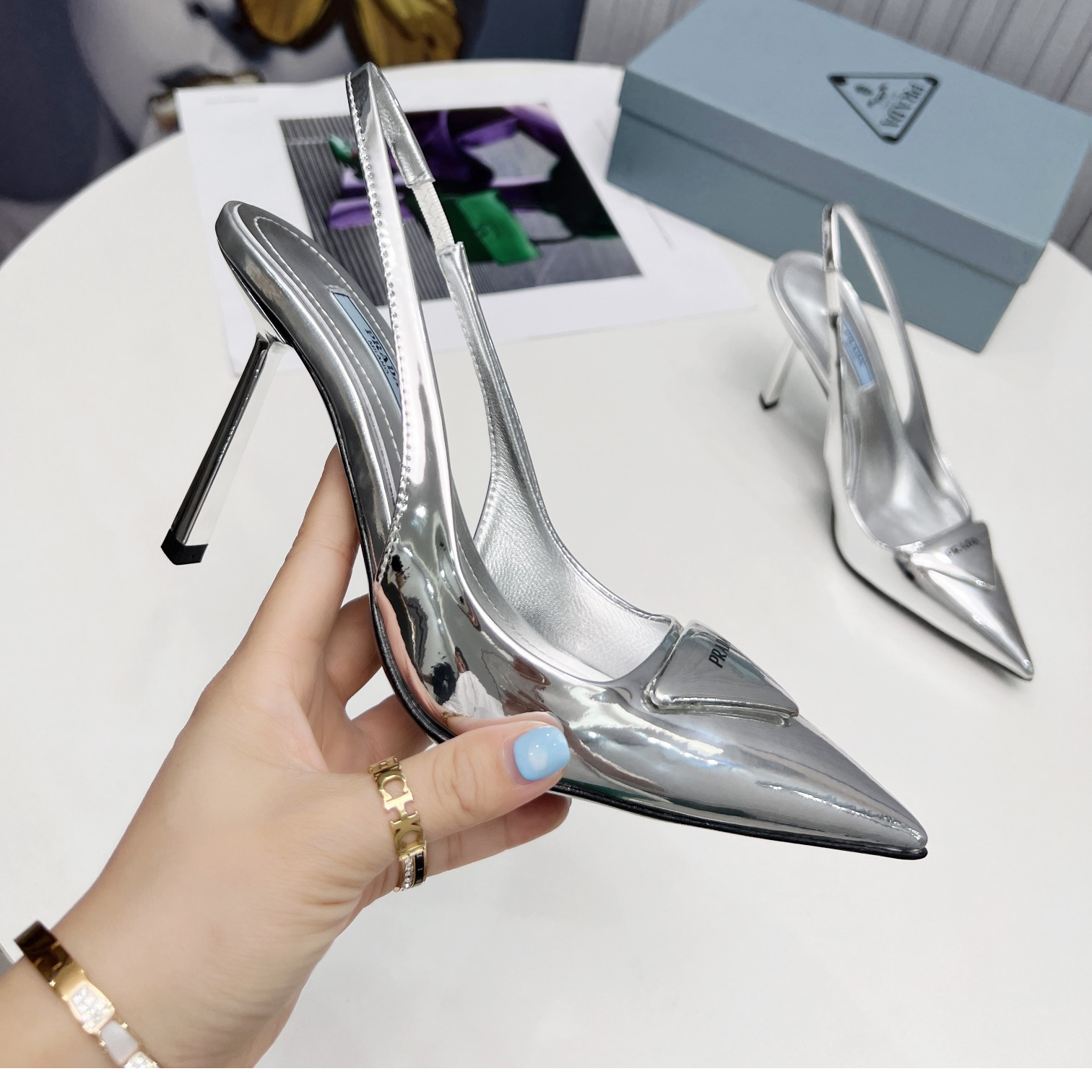 Prada Brushed Leather Slingback Pumps In Sliver - EUR FASHION
