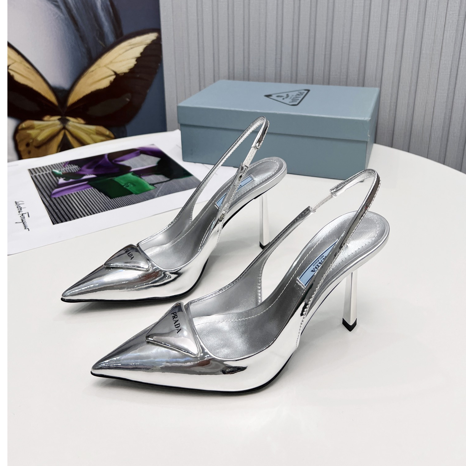 Prada Brushed Leather Slingback Pumps In Sliver - EUR FASHION
