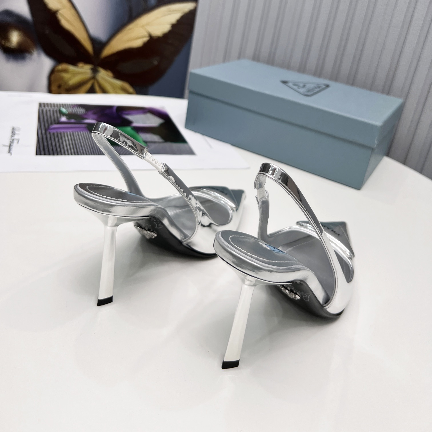 Prada Brushed Leather Slingback Pumps In Sliver - EUR FASHION