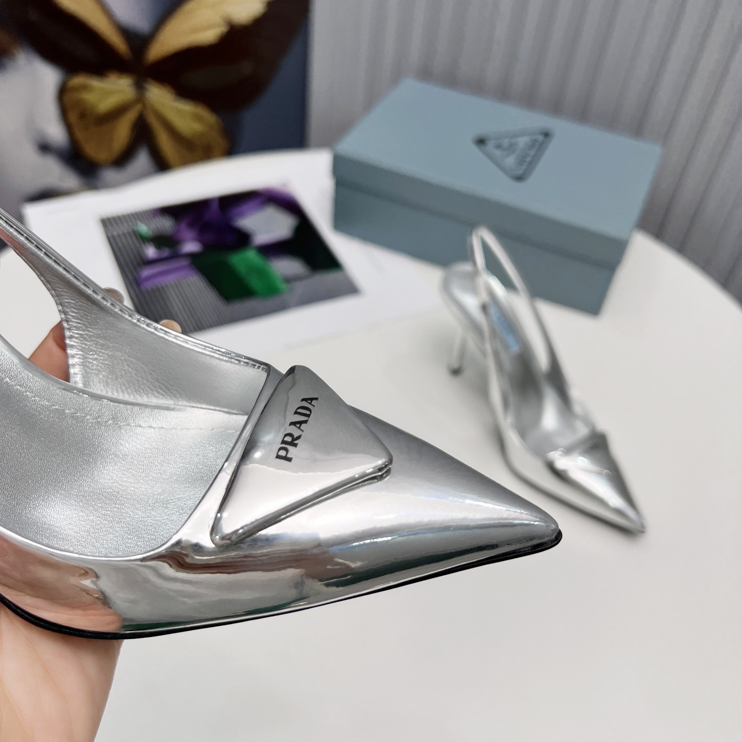 Prada Brushed Leather Slingback Pumps In Sliver - EUR FASHION