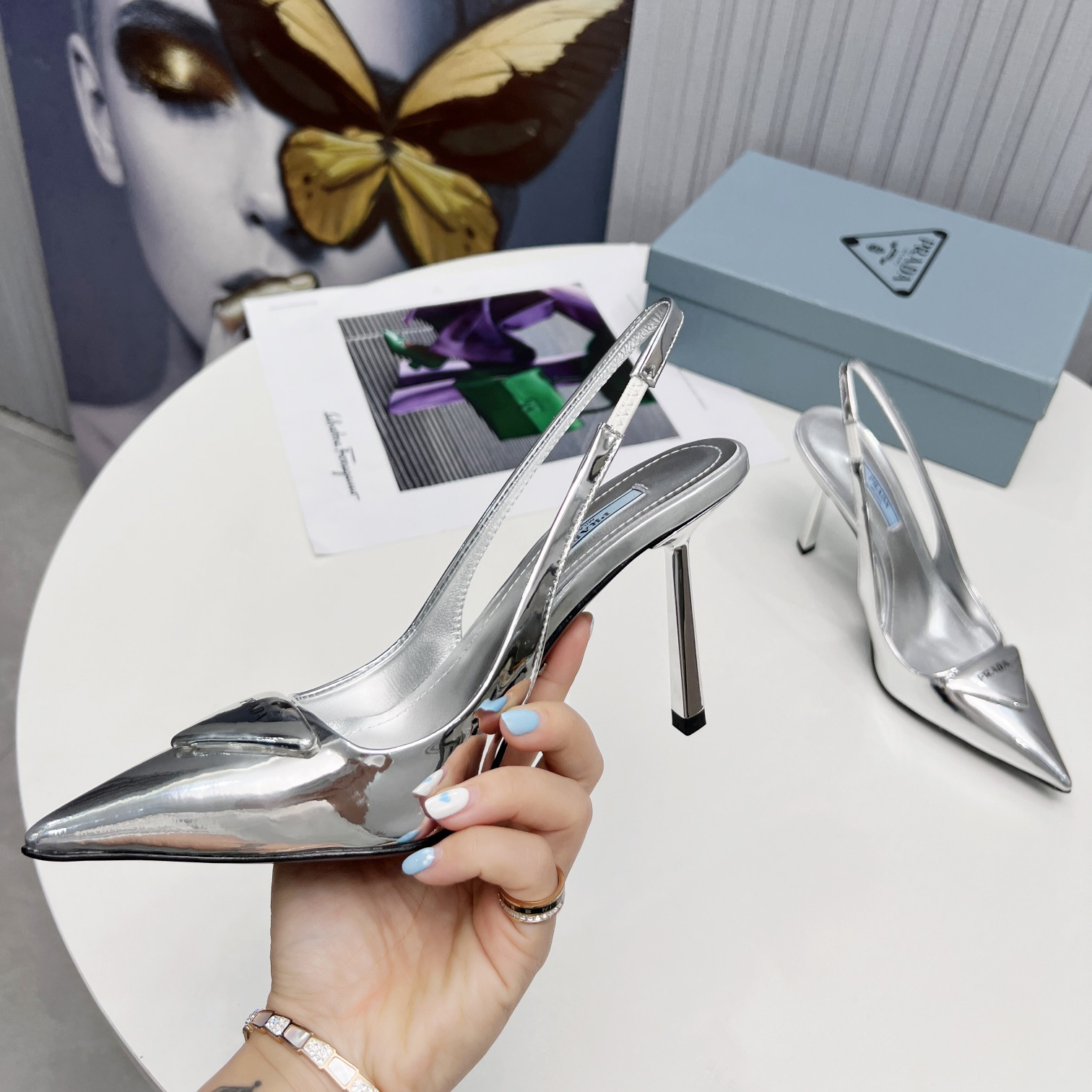 Prada Brushed Leather Slingback Pumps In Sliver - EUR FASHION