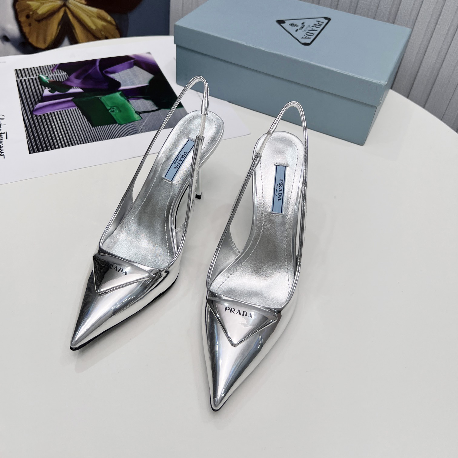 Prada Brushed Leather Slingback Pumps In Sliver - EUR FASHION