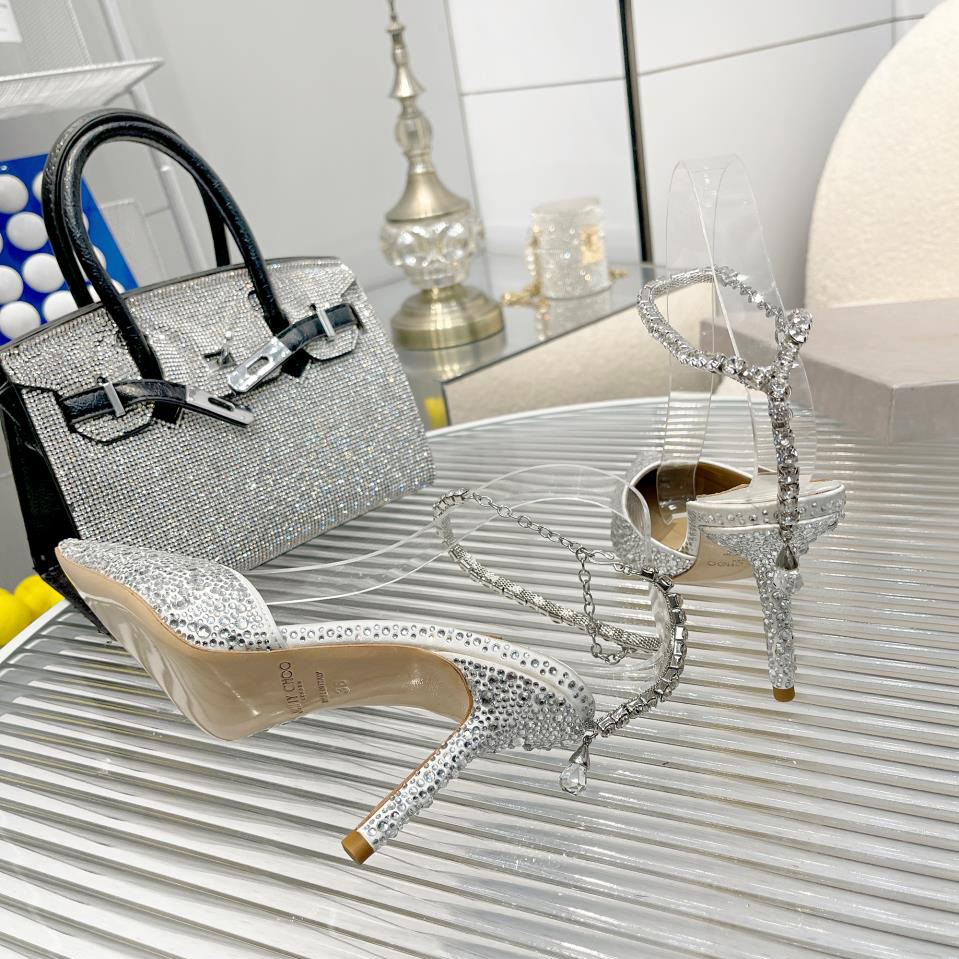 Jimmy Choo Saeda 100 Lvory Satin Pumps With Crystal Embellishment - EUR FASHION