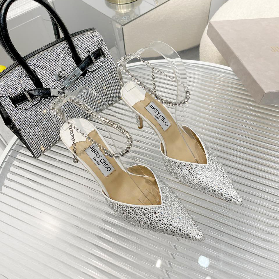 Jimmy Choo Saeda 100 Lvory Satin Pumps With Crystal Embellishment - EUR FASHION