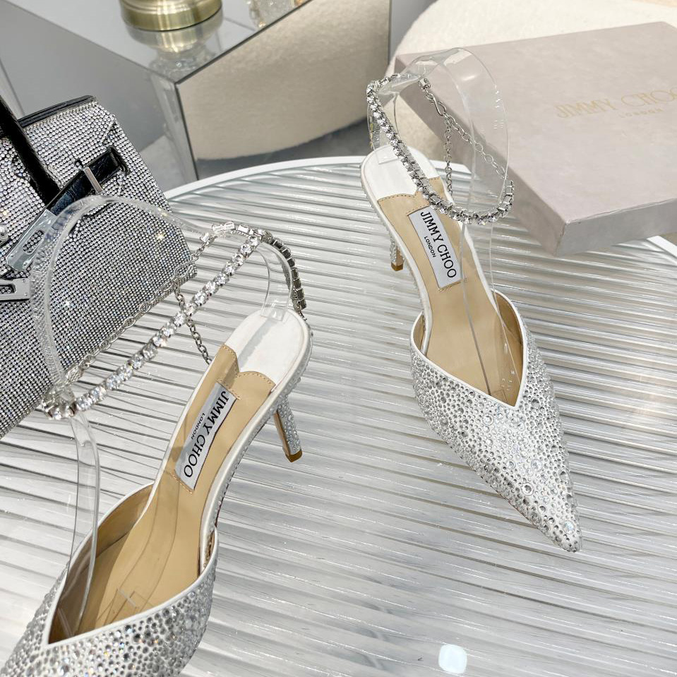 Jimmy Choo Saeda 100 Lvory Satin Pumps With Crystal Embellishment - EUR FASHION