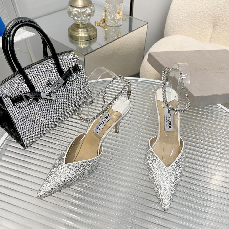 Jimmy Choo Saeda 100 Lvory Satin Pumps With Crystal Embellishment - EUR FASHION