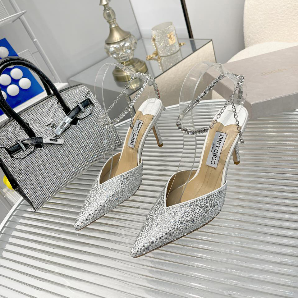 Jimmy Choo Saeda 100 Lvory Satin Pumps With Crystal Embellishment - EUR FASHION