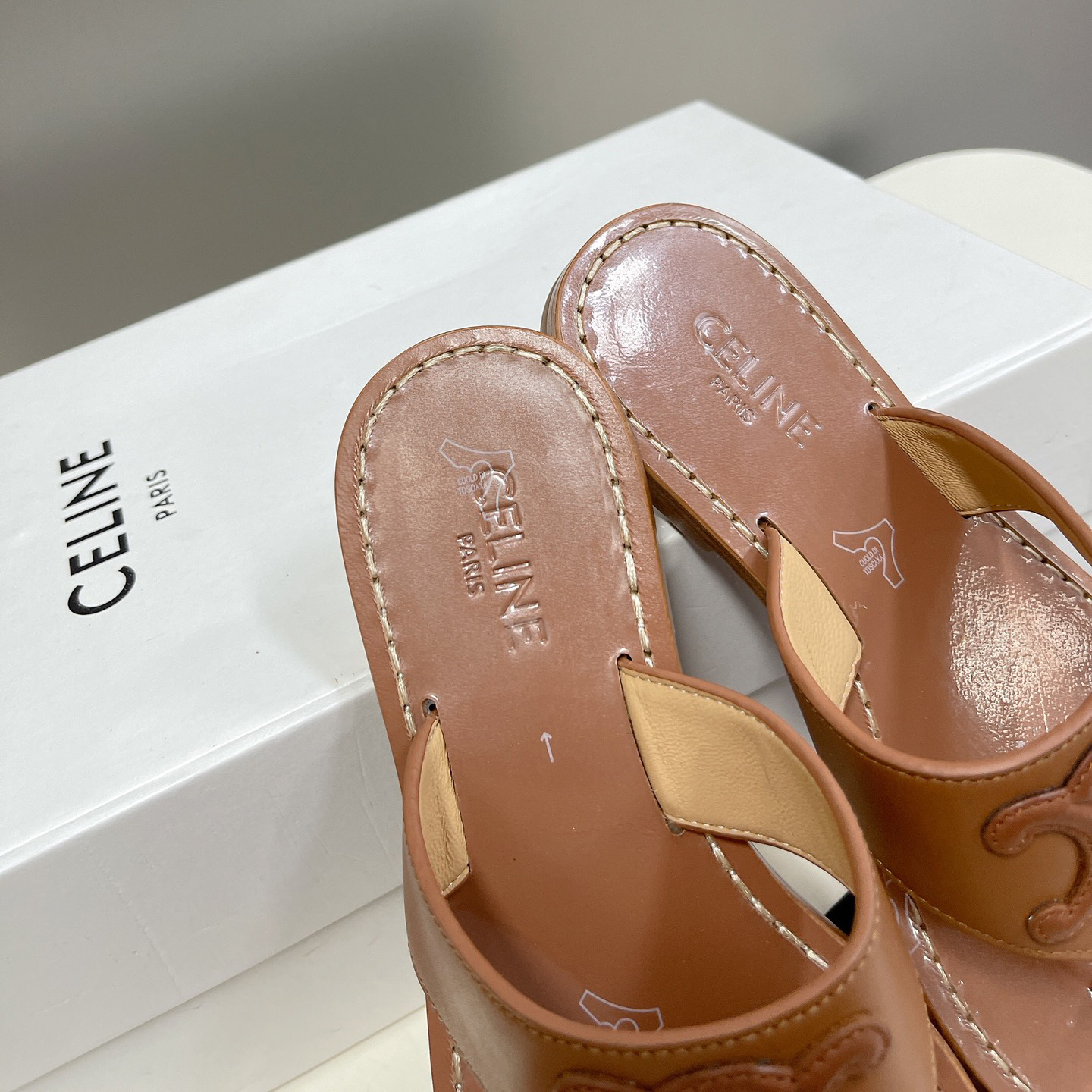 Celine Triomphe Flat Thong In Calfskin Tan - EUR FASHION