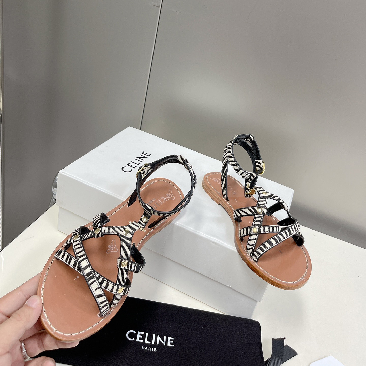Celine Taillat Triomphe Sandal In Zebra Printed Hairy Calfskin Black/White - EUR FASHION