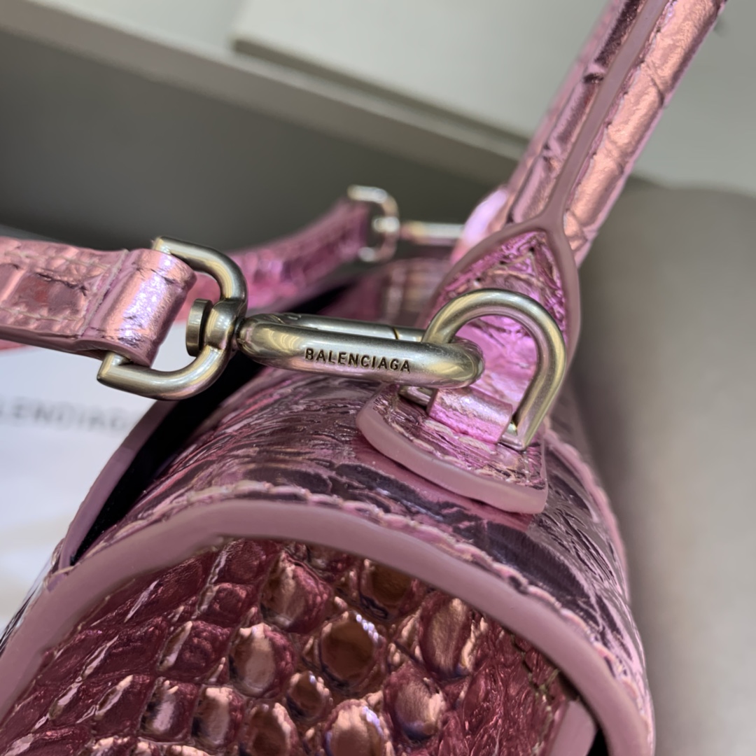 Balenciaga Hourglass Handbag In Pink Metallized Crocodile Embossed (23-10-14CM) - EUR FASHION