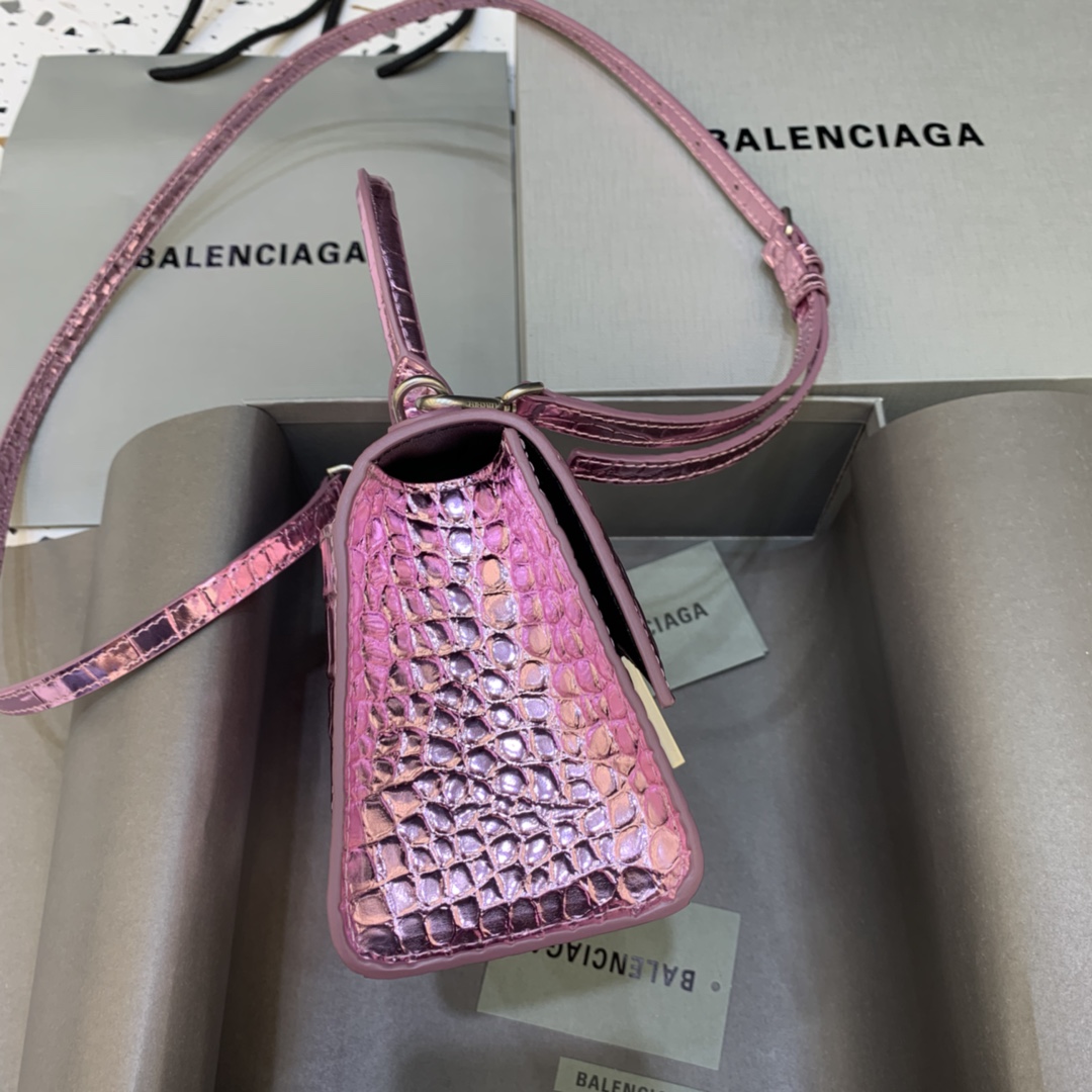 Balenciaga Hourglass Handbag In Pink Metallized Crocodile Embossed (23-10-14CM) - EUR FASHION