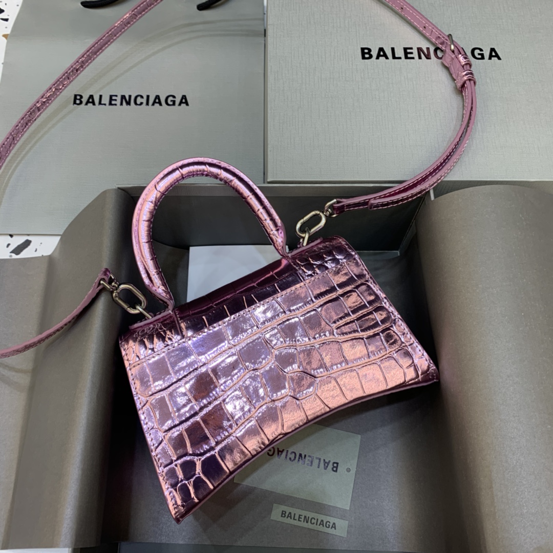 Balenciaga Hourglass Handbag In Pink Metallized Crocodile Embossed (23-10-14CM) - EUR FASHION