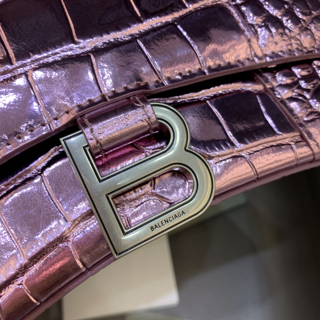 Balenciaga Hourglass Handbag In Pink Metallized Crocodile Embossed (23-10-14CM) - EUR FASHION