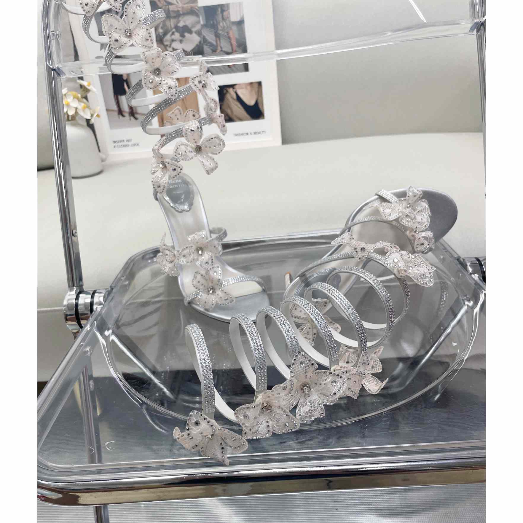 Rene Caovilla Silvery Sandals With Flowers Floriane - EUR FASHION