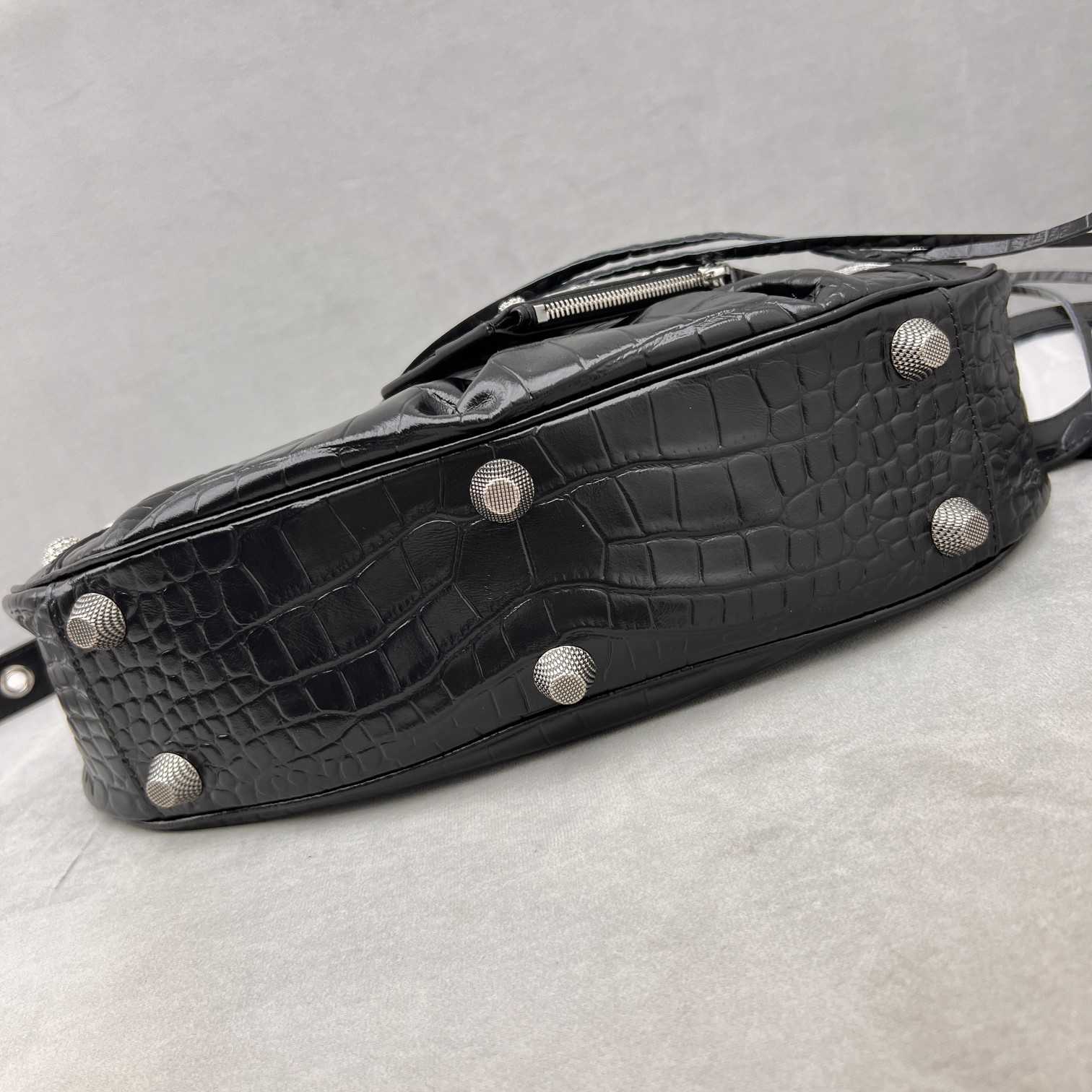 Balenciaga Women's Le Cagole Small Shoulder Bag Metallized Crocodile Embossed With Rhinestones In Black - EUR FASHION