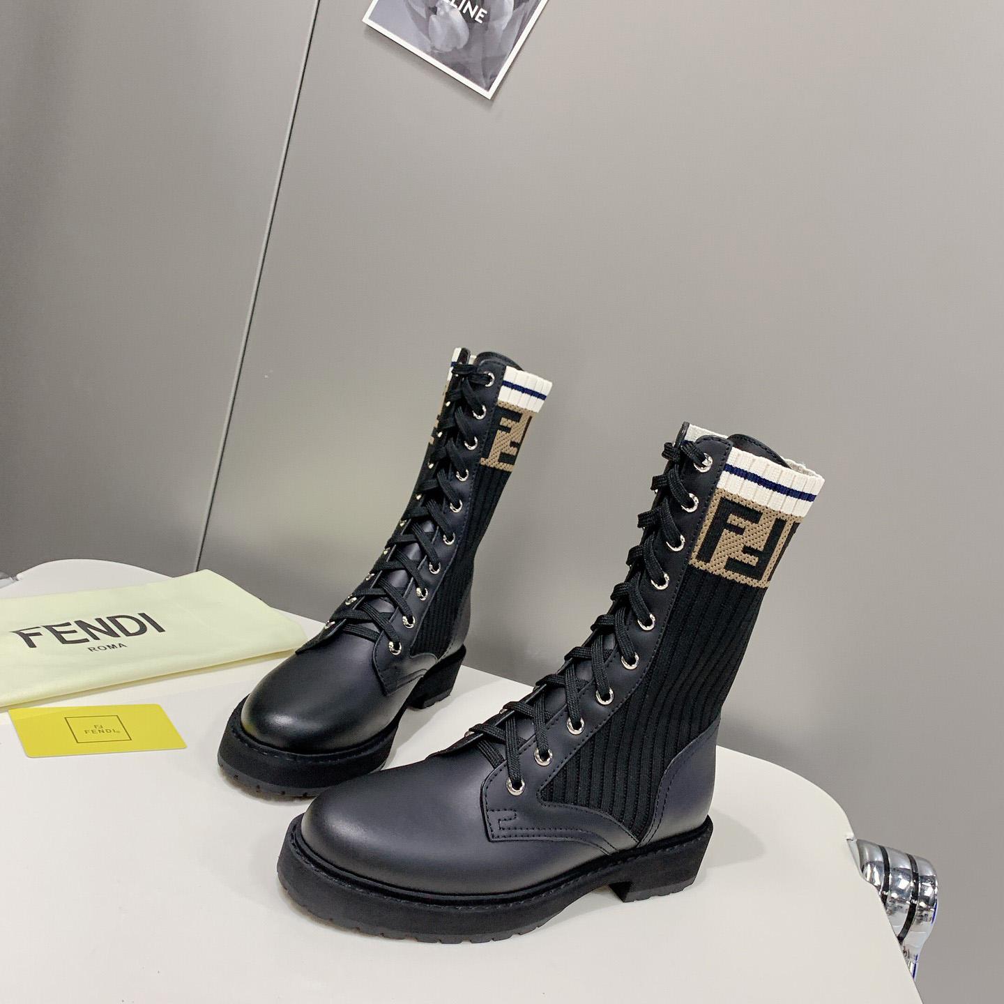 Fendi Rockoko Black Leather Biker Boots With Stretch Fabric - EUR FASHION