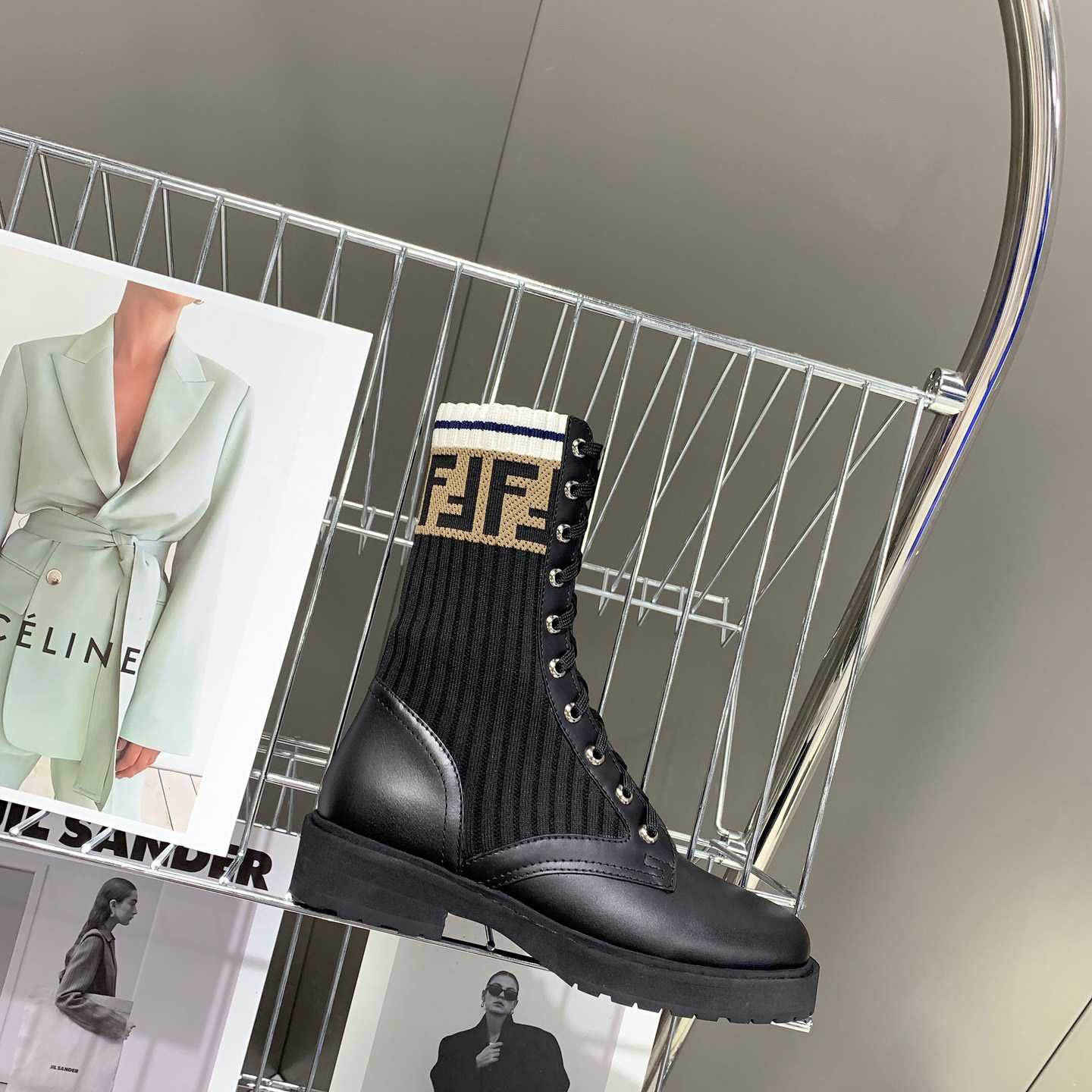 Fendi Rockoko Black Leather Biker Boots With Stretch Fabric - EUR FASHION