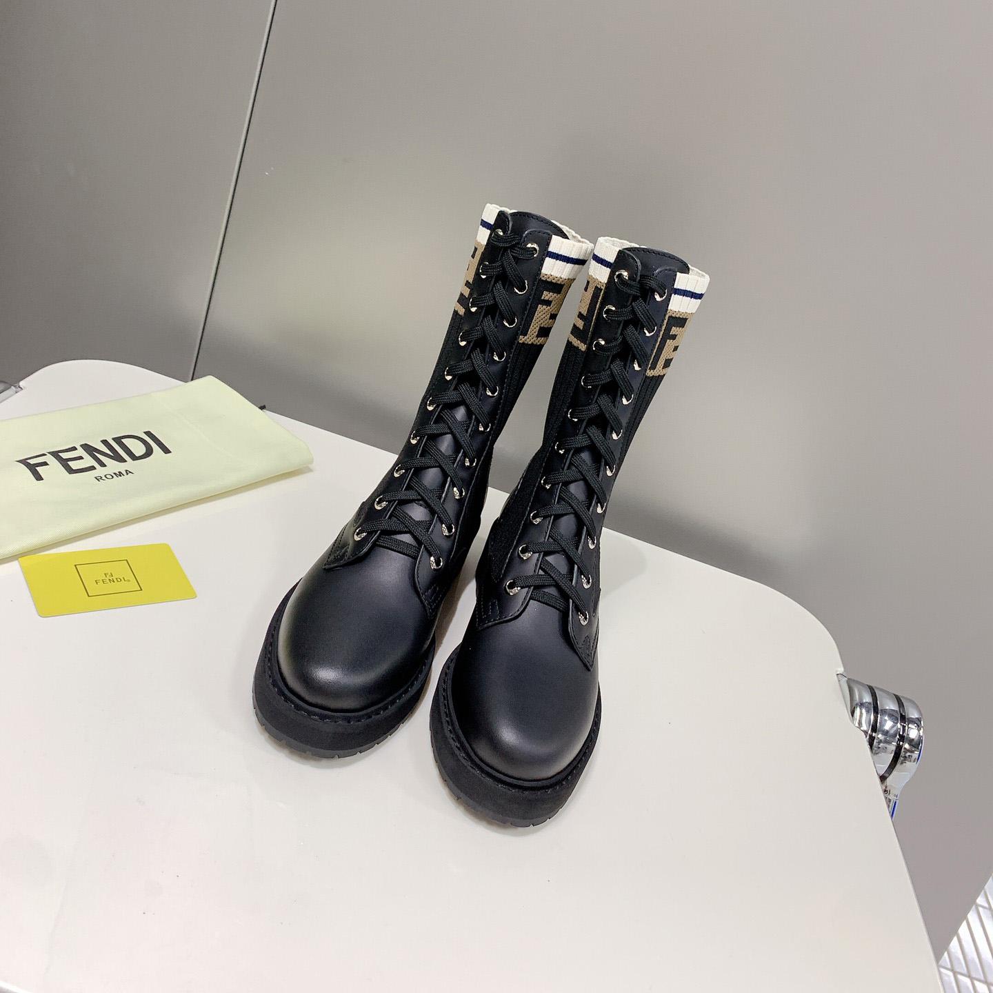 Fendi Rockoko Black Leather Biker Boots With Stretch Fabric - EUR FASHION