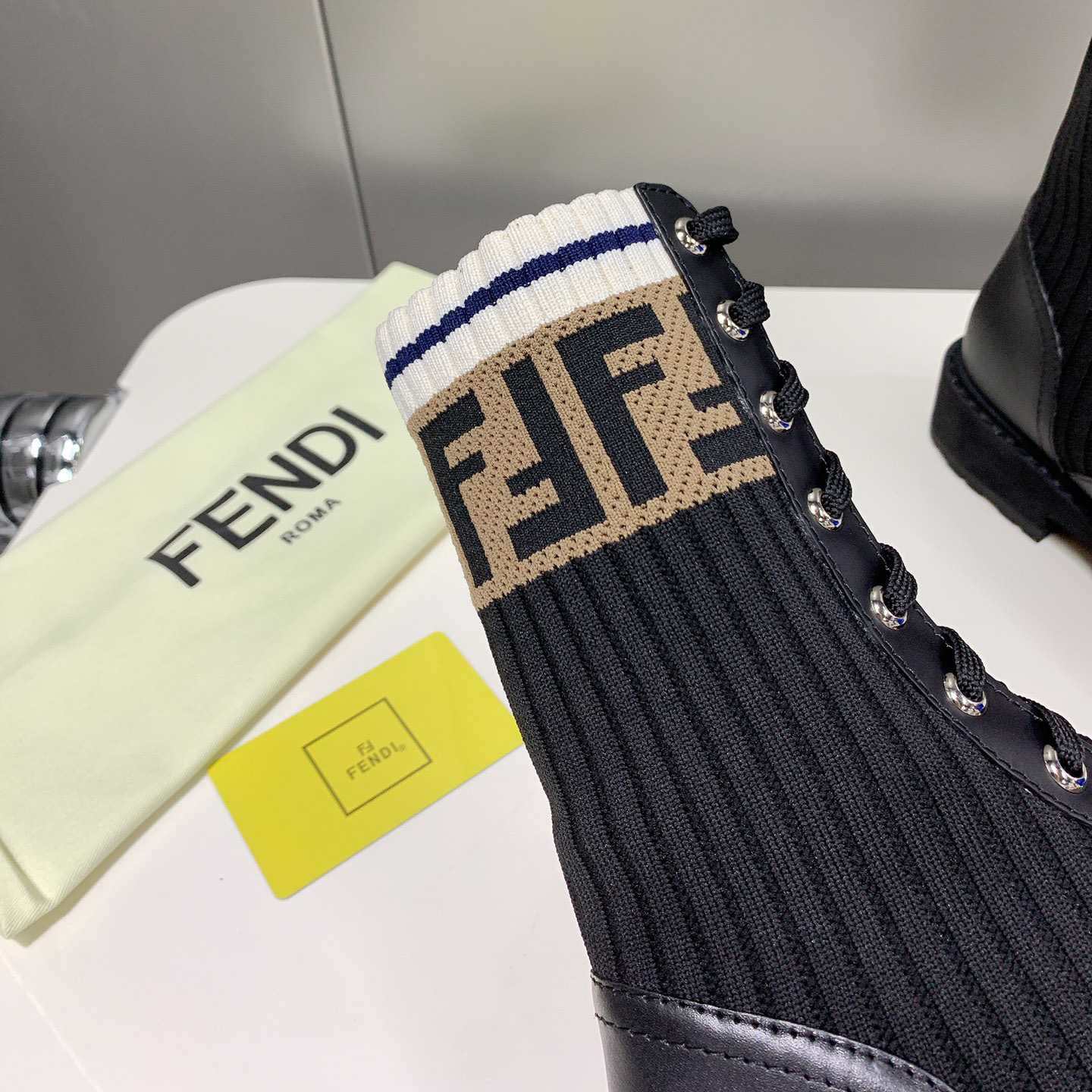 Fendi Rockoko Black Leather Biker Boots With Stretch Fabric - EUR FASHION