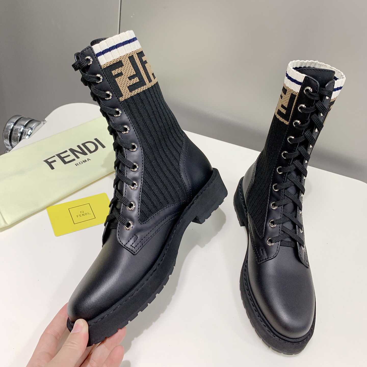 Fendi Rockoko Black Leather Biker Boots With Stretch Fabric - EUR FASHION