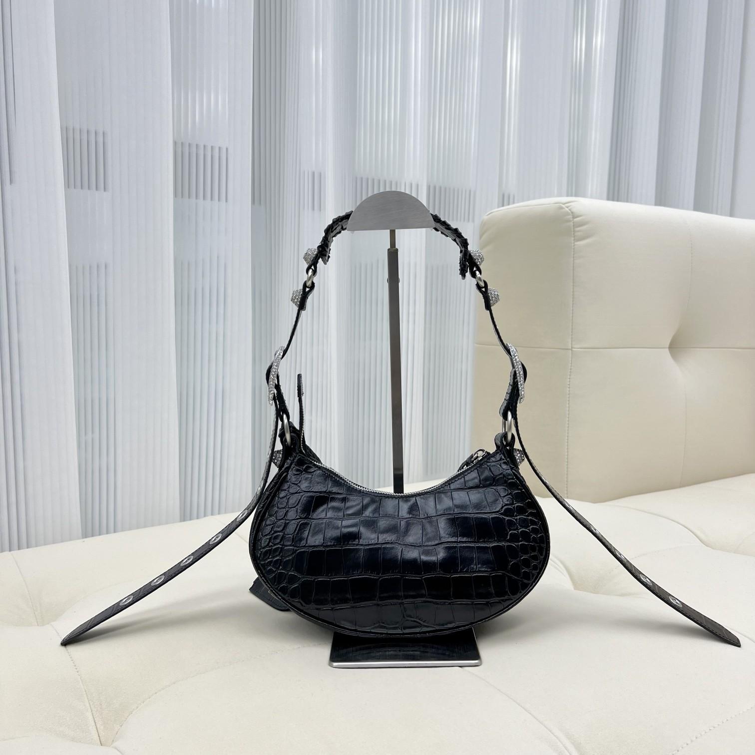 Balenciaga Women's Le Cagole XS Shoulder Bag Crocodile Embossed With Rhinestones In Black - EUR FASHION