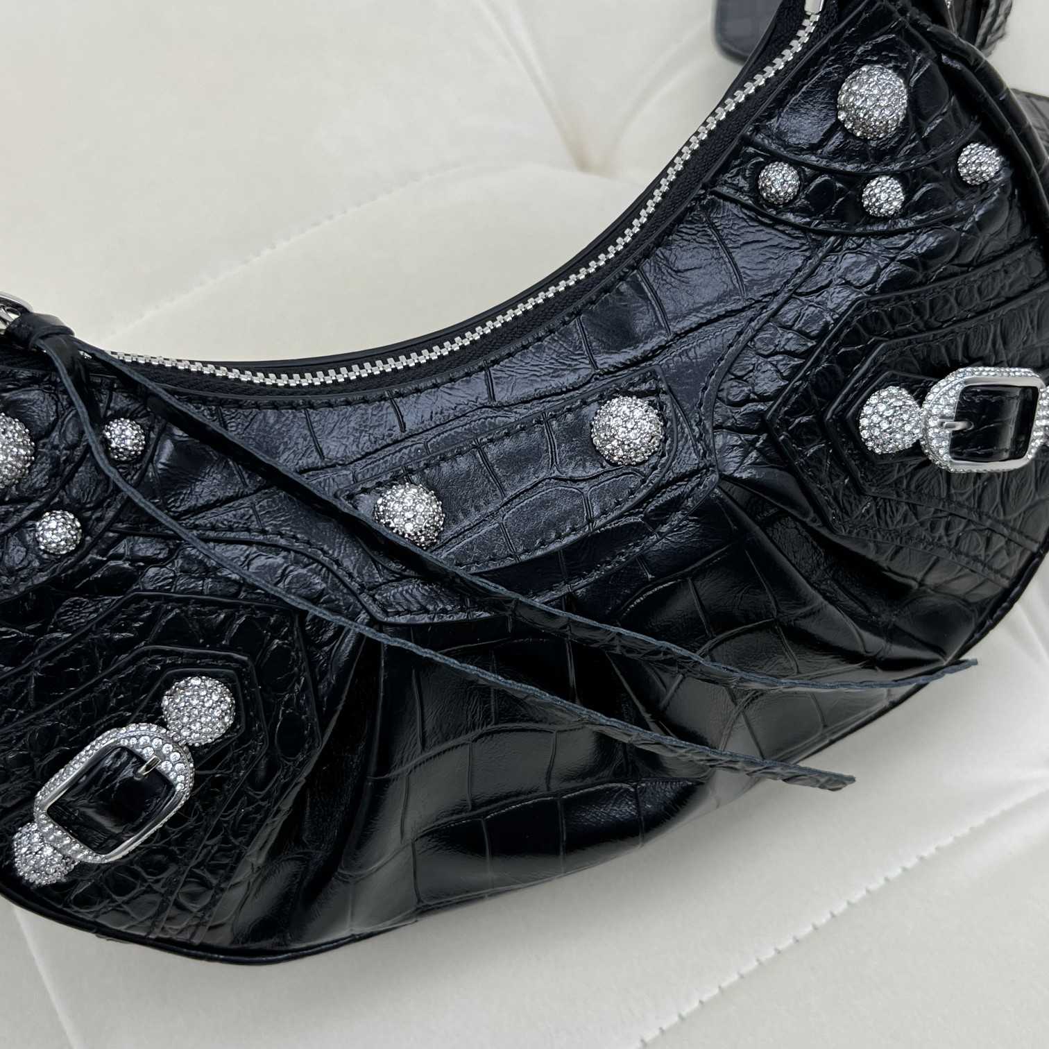Balenciaga Women's Le Cagole XS Shoulder Bag Crocodile Embossed With Rhinestones In Black - EUR FASHION
