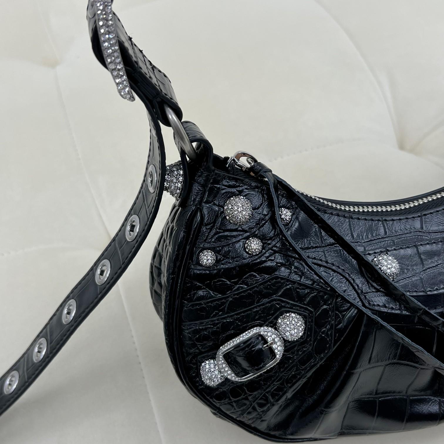 Balenciaga Women's Le Cagole XS Shoulder Bag Crocodile Embossed With Rhinestones In Black - EUR FASHION