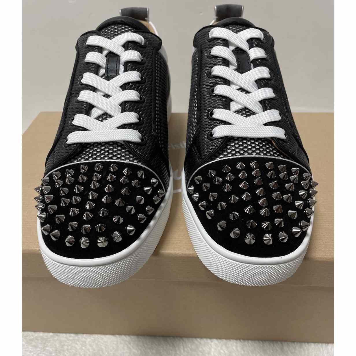 Christian Louboutin Louis Junior Spikes Suede-Trimmed Mesh And Leather Sneakers - EUR FASHION