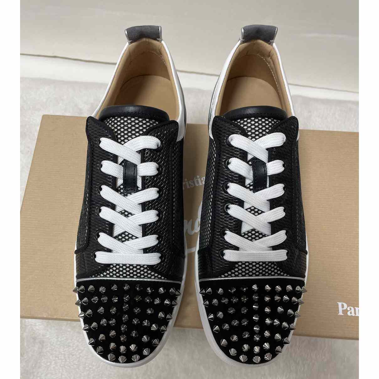 Christian Louboutin Louis Junior Spikes Suede-Trimmed Mesh And Leather Sneakers - EUR FASHION