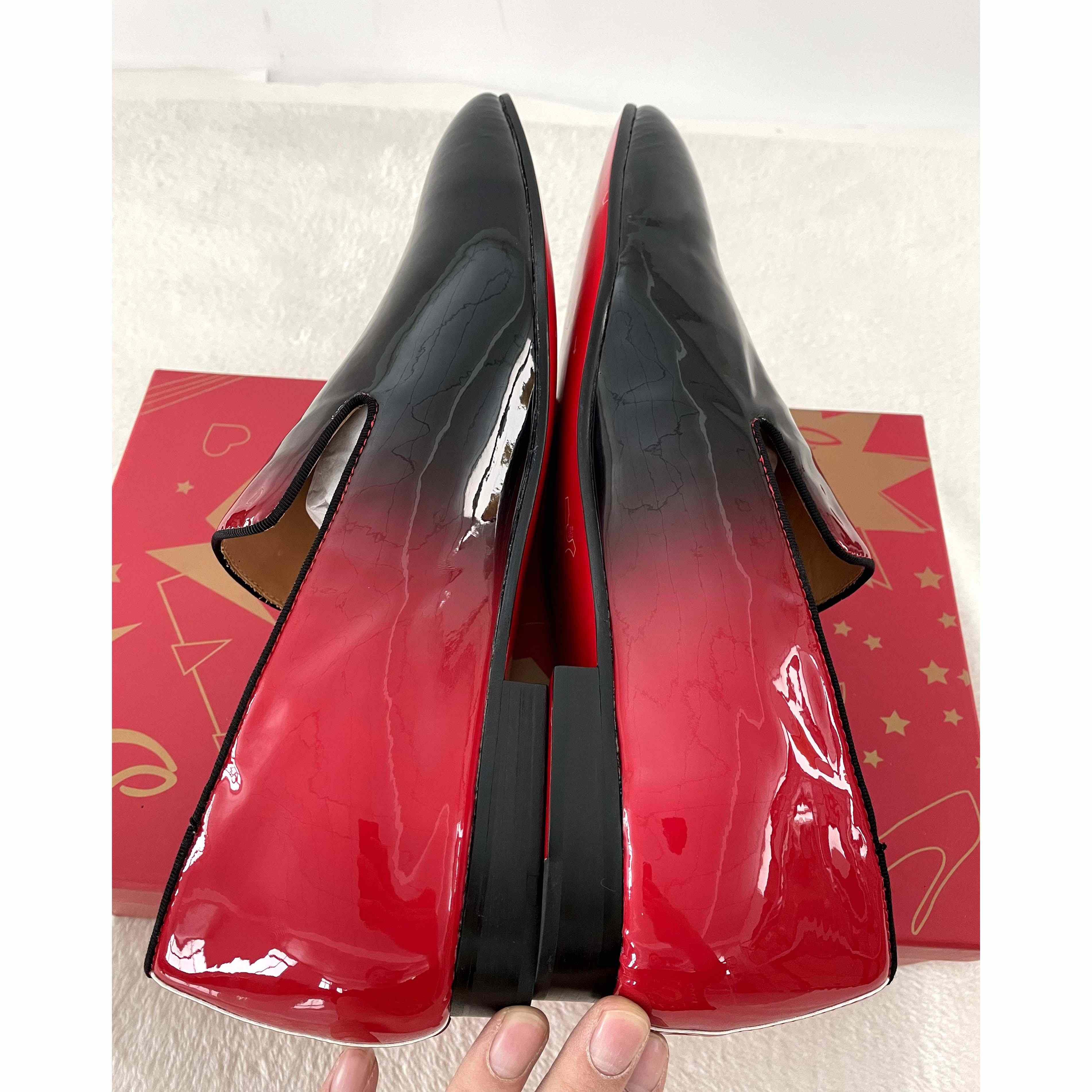 Christian Louboutin Black Red Patent leather Loafers Dress Shoes - EUR FASHION