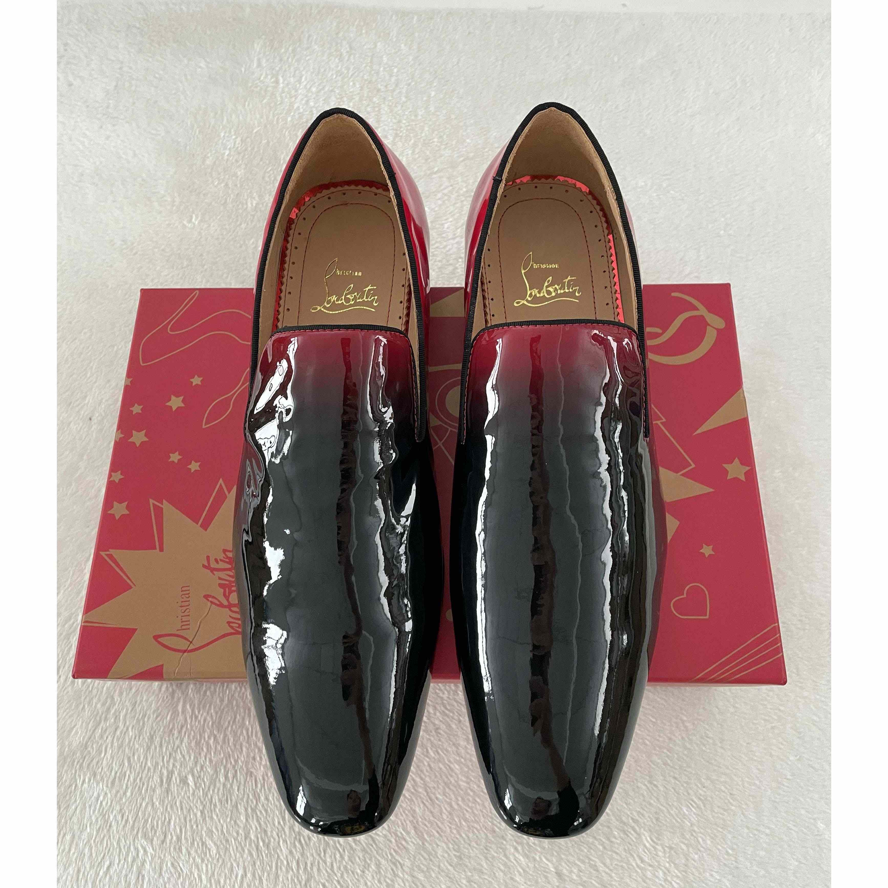 Christian Louboutin Black Red Patent leather Loafers Dress Shoes - EUR FASHION