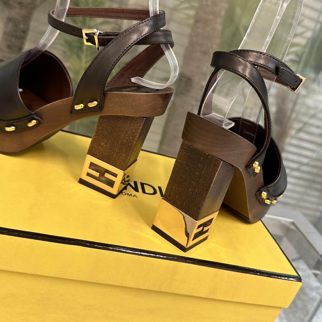 Fendi Baguette Show Black Leather High-heeled Clogs - EUR FASHION
