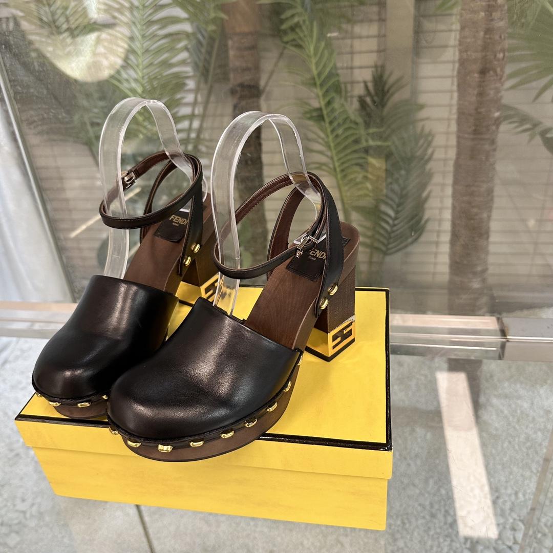 Fendi Baguette Show Black Leather High-heeled Clogs - EUR FASHION