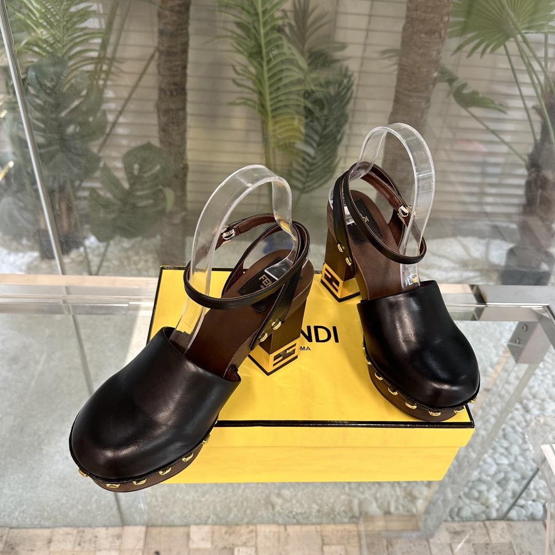 Fendi Baguette Show Black Leather High-heeled Clogs - EUR FASHION