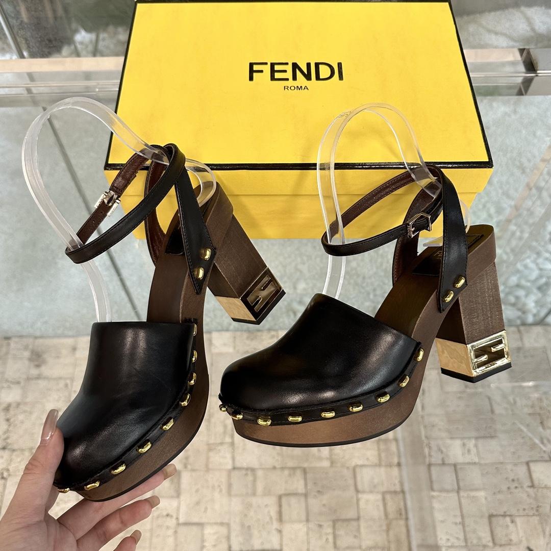 Fendi Baguette Show Black Leather High-heeled Clogs - EUR FASHION
