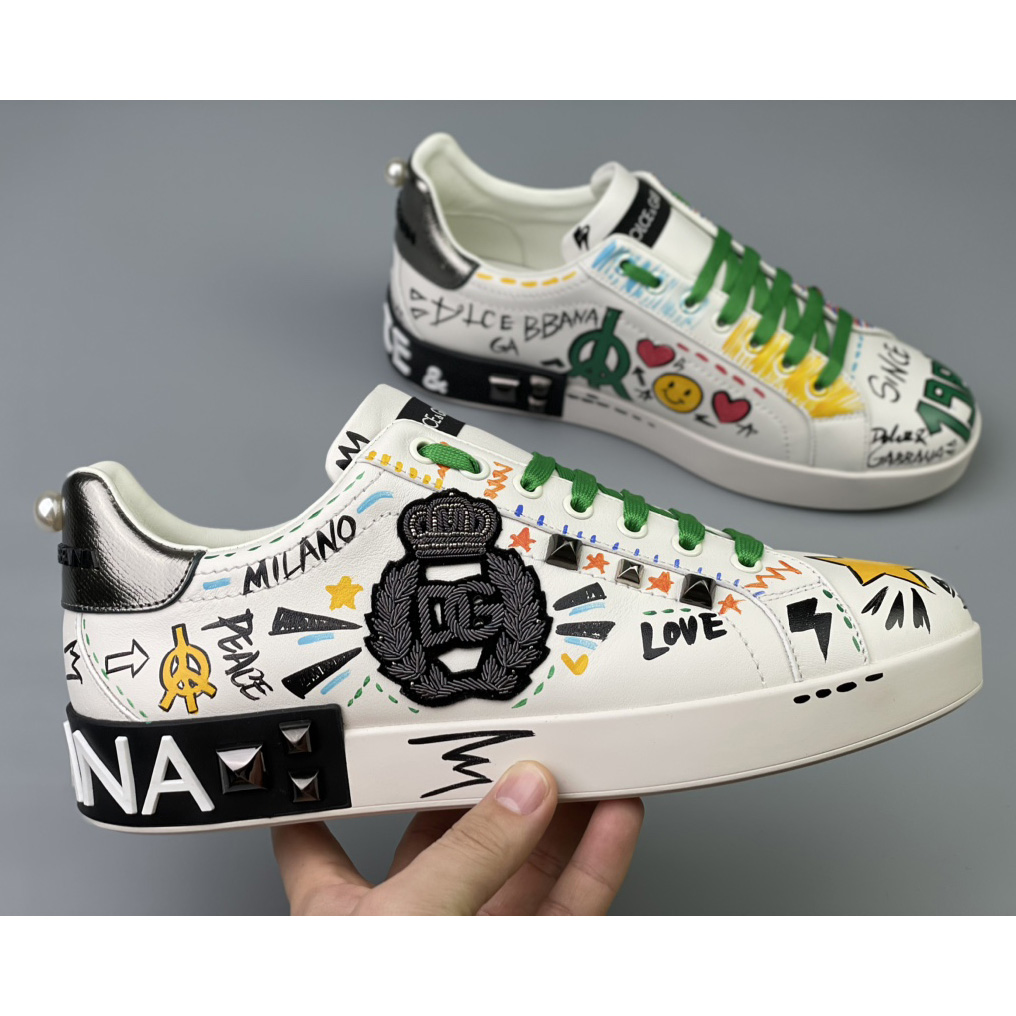 Dolce & Gabbana Calfskin Portofino Sneakers With Embroidery And Studs - EUR FASHION