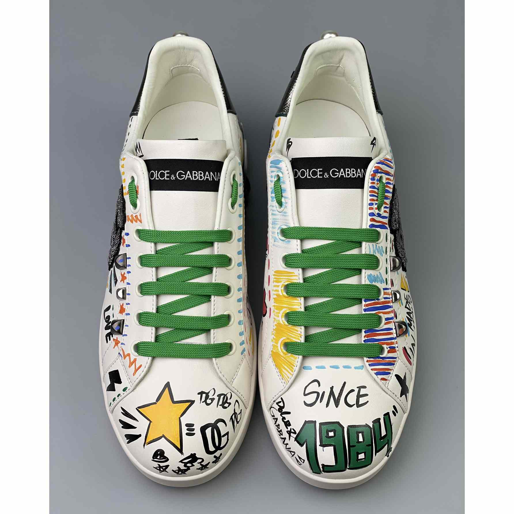 Dolce & Gabbana Calfskin Portofino Sneakers With Embroidery And Studs - EUR FASHION