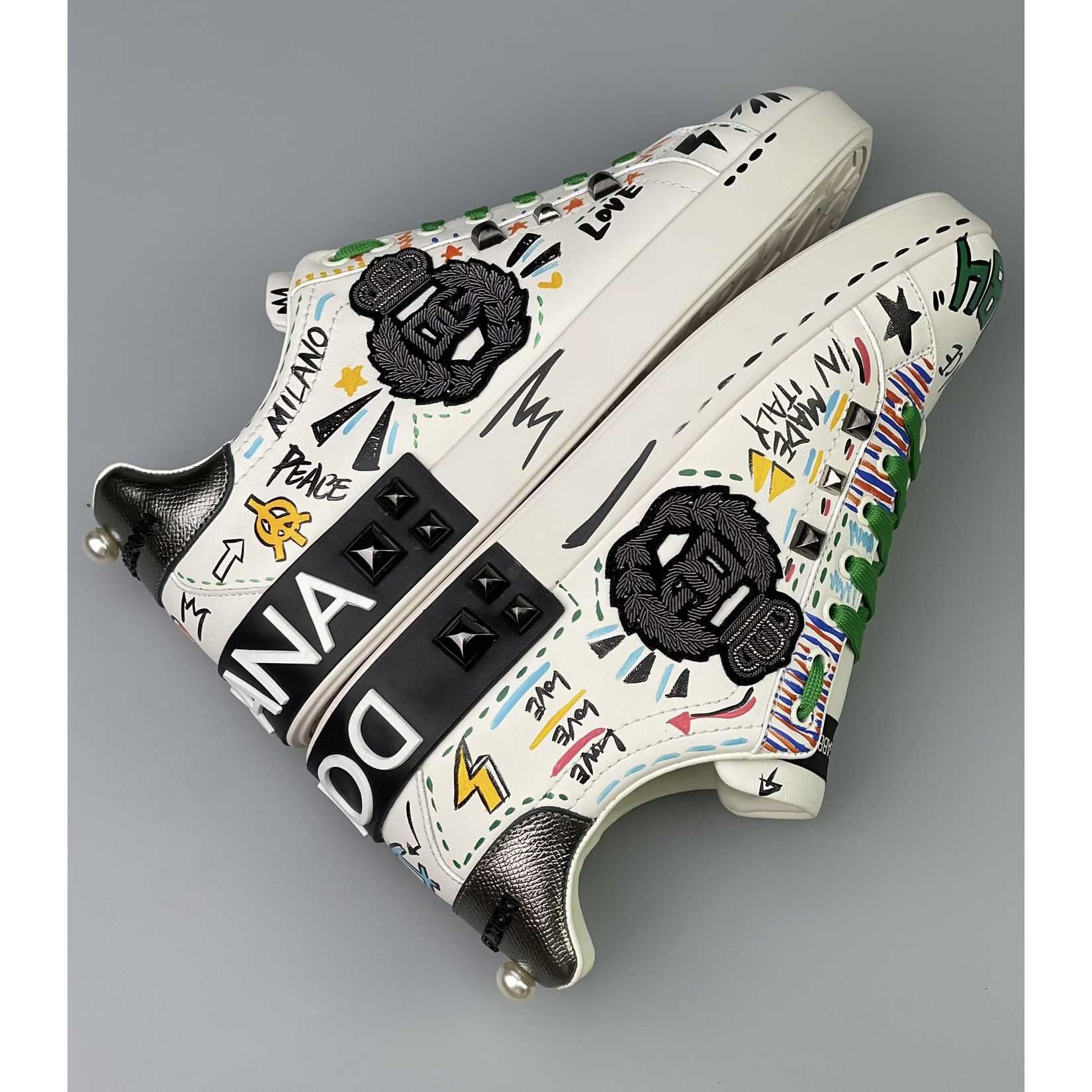 Dolce & Gabbana Calfskin Portofino Sneakers With Embroidery And Studs - EUR FASHION