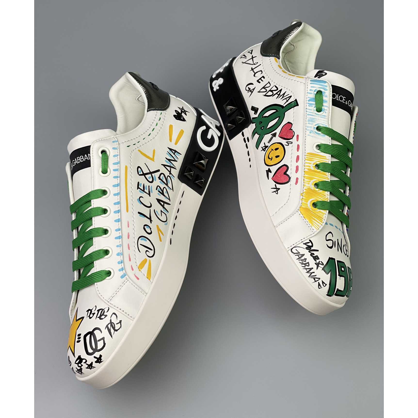 Dolce & Gabbana Calfskin Portofino Sneakers With Embroidery And Studs - EUR FASHION
