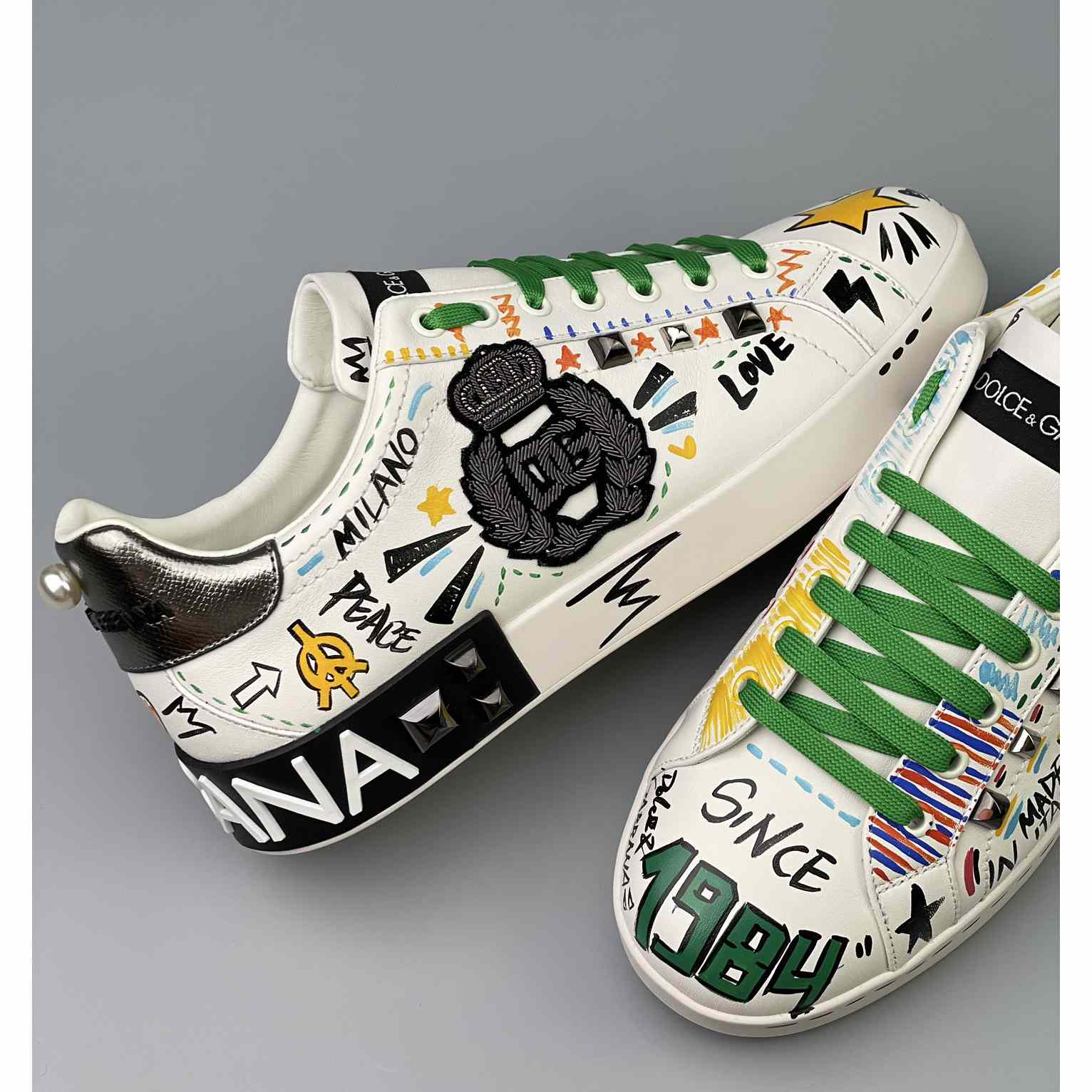 Dolce & Gabbana Calfskin Portofino Sneakers With Embroidery And Studs - EUR FASHION