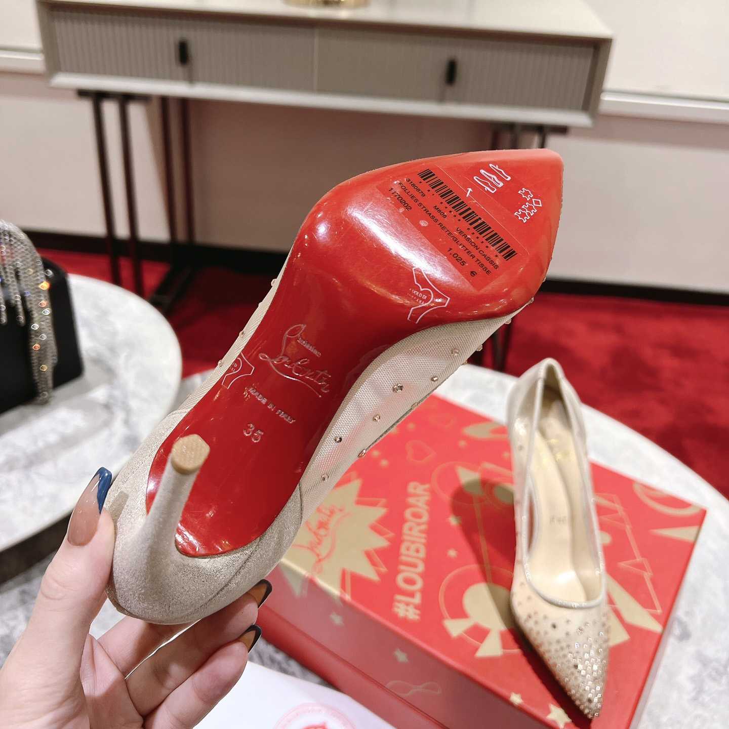 Christian Louboutin Follies Strass 85 mm Pumps - Irridescent Suede Calf, Net And Strass - Light Silk - EUR FASHION