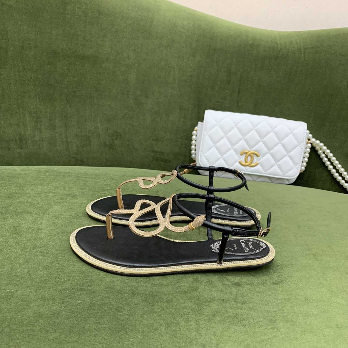 Rene Caovilla Snake Crystal Embellished Flat Sandals - EUR FASHION