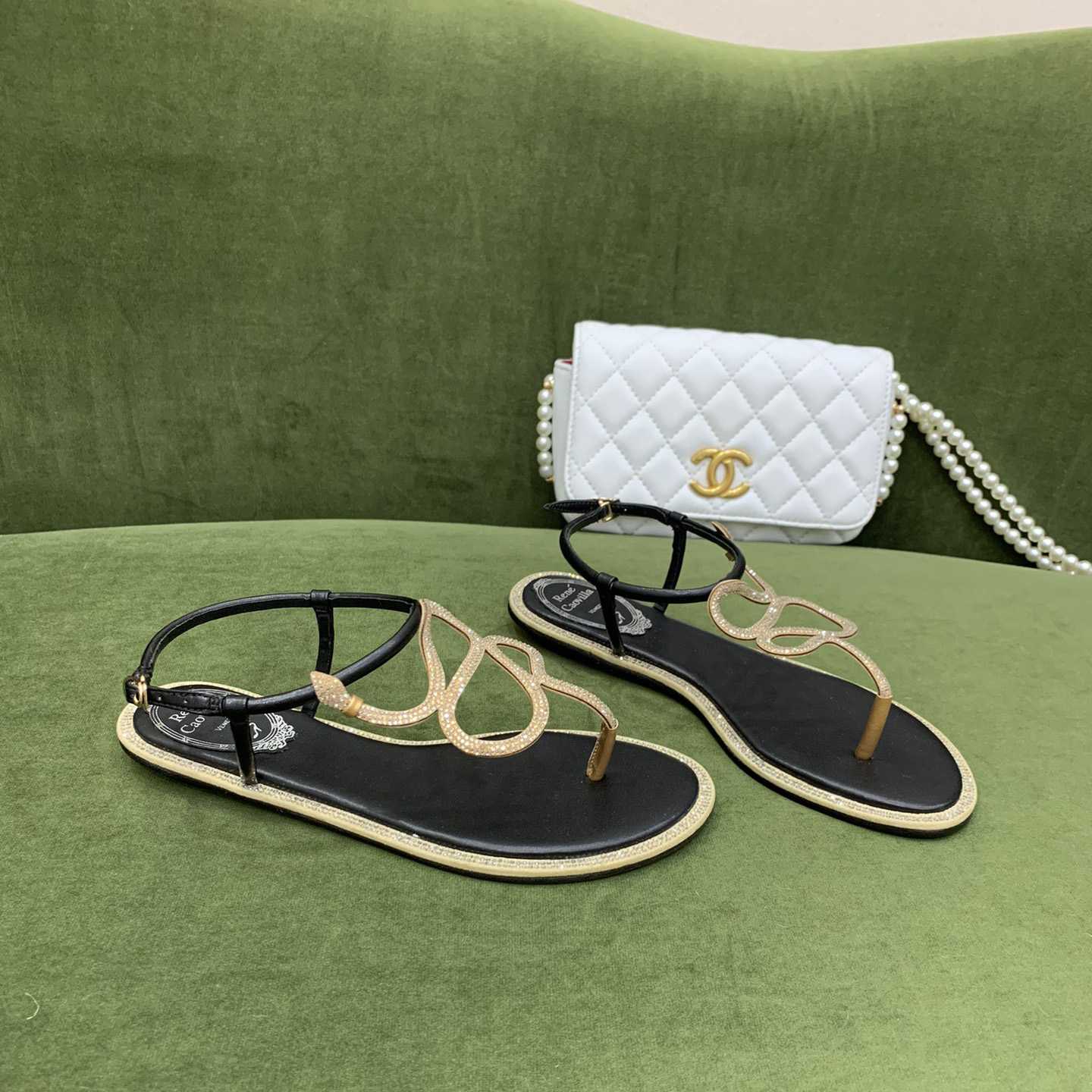 Rene Caovilla Snake Crystal Embellished Flat Sandals - EUR FASHION