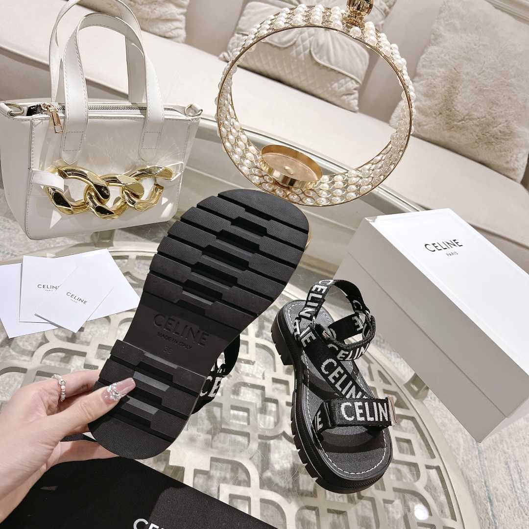 Celine Leo Strappy Sandal In With ''Celine'' Jacquard Black / White - EUR FASHION