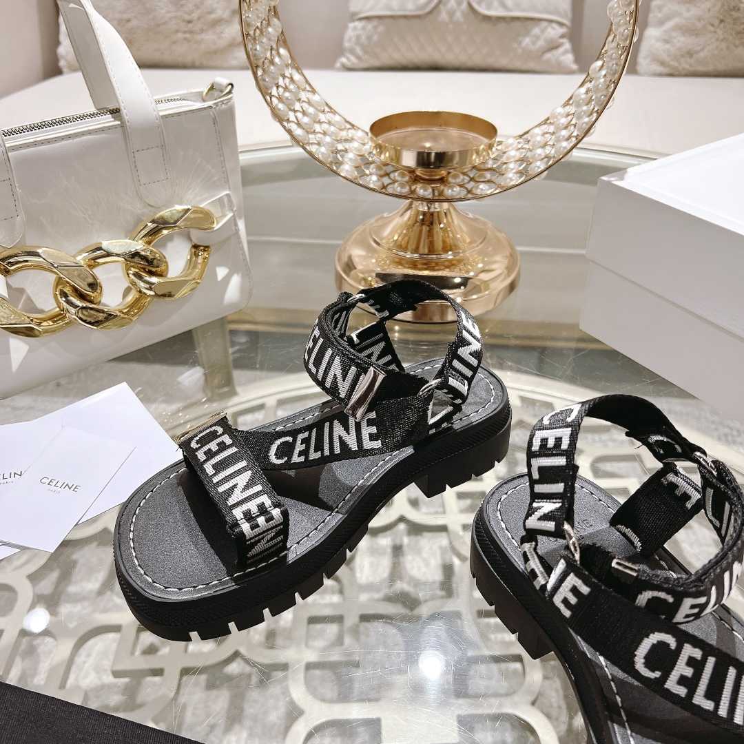 Celine Leo Strappy Sandal In With ''Celine'' Jacquard Black / White - EUR FASHION