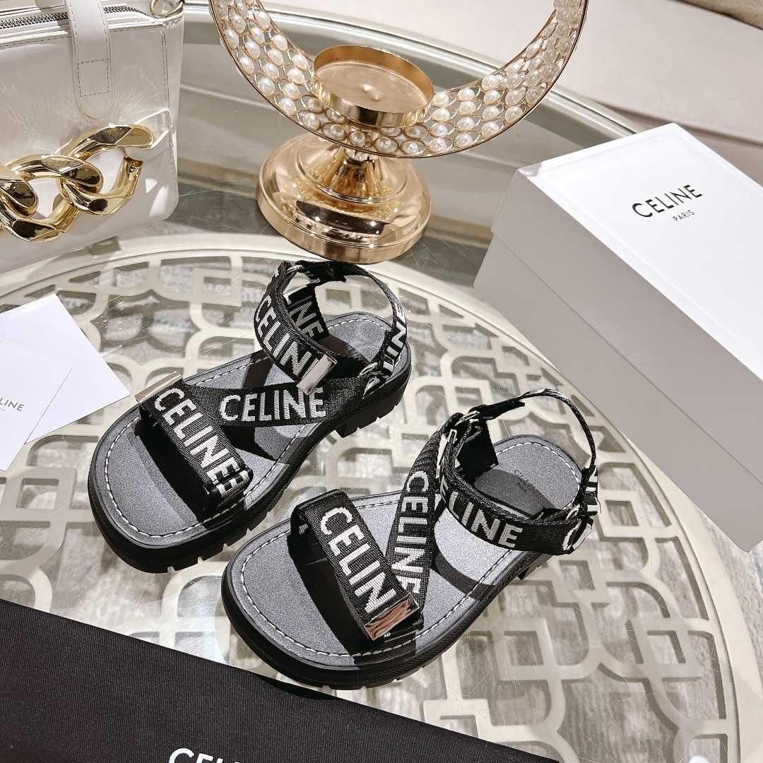 Celine Leo Strappy Sandal In With ''Celine'' Jacquard Black / White - EUR FASHION