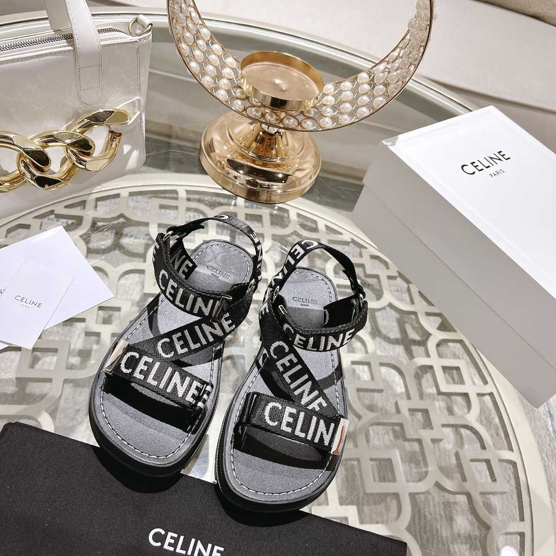 Celine Leo Strappy Sandal In With ''Celine'' Jacquard Black / White - EUR FASHION