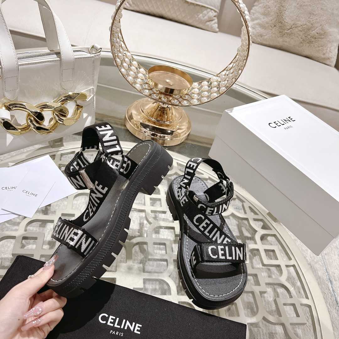 Celine Leo Strappy Sandal In With ''Celine'' Jacquard Black / White - EUR FASHION